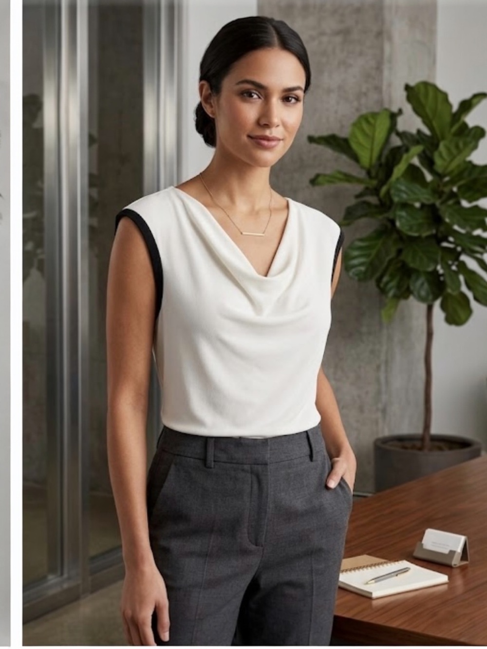 Halogen Cream Black Hem Sleeves Draped Blouse Size M - Picture 7 of 7